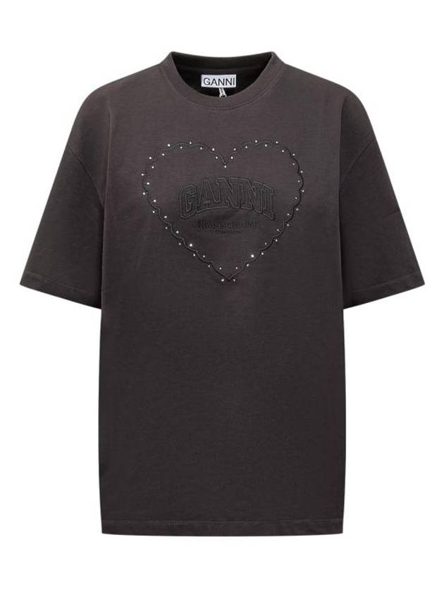 Drop Shoulder Heart Cotton Short Sleeve T-Shirt Black - GANNI - BALAAN 2