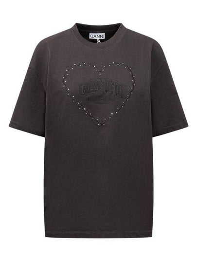 Drop Shoulder Heart Cotton Short Sleeve T-Shirt Black - GANNI - BALAAN 2