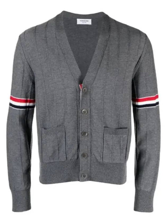 RWB V-neck Striped Virgin Wool Cardigan Grey - THOM BROWNE - BALAAN 2