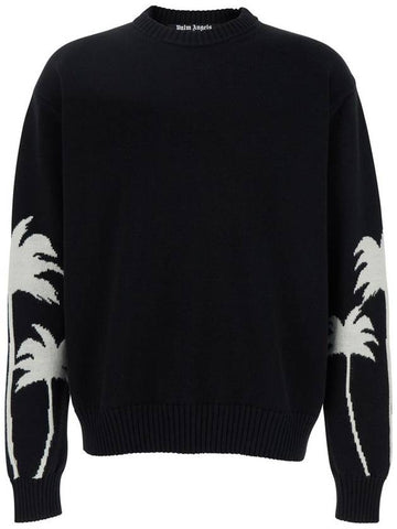 Black Sweater With Palms Motifs In Cotton And Wool Blend Man - PALM ANGELS - BALAAN 1