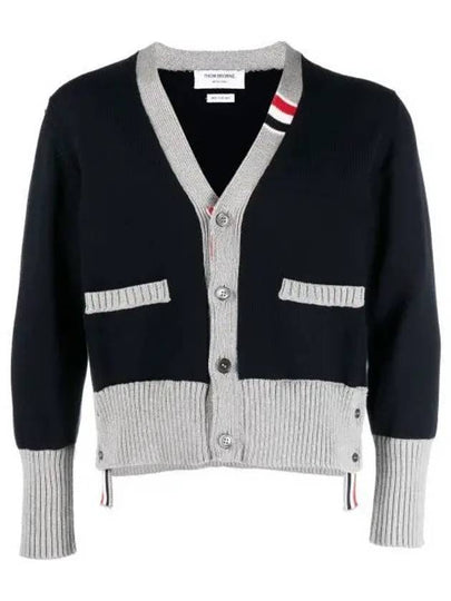 Three Stripe V Neck Cotton Cardigan Navy - THOM BROWNE - BALAAN 2