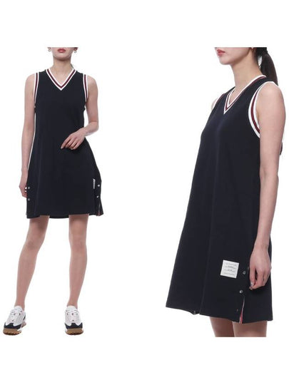 Women's Classic Pique Stripe V-Neck Cotton Tennis Dress Navy - THOM BROWNE - BALAAN 2