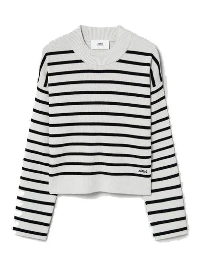 Embroidery Logo Sailor Crew Neck Striped Knit Top Black Chalk - AMI - BALAAN 2