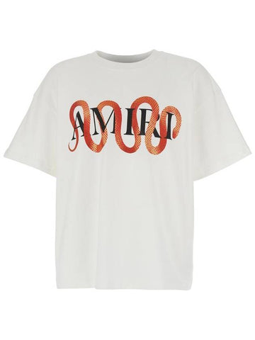 'Snake' White Crewneck T-Shirt With Maxi Logo Print On The Front In Cotton Man - AMIRI - BALAAN 1