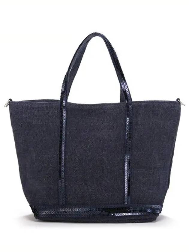 Women's Cabas Small Linen Tote Bag Navy - VANESSA BRUNO - BALAAN 2