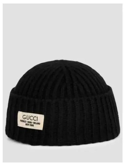 Rib Wool Label Beanie Black - GUCCI - BALAAN 2