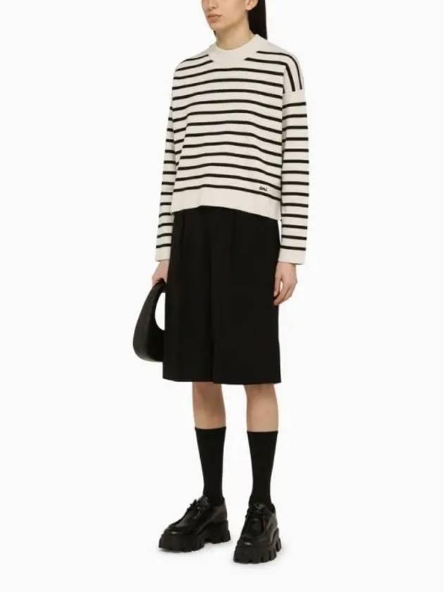 Embroidery Logo Sailor Crew Neck Striped Knit Top Black Chalk - AMI - BALAAN 3