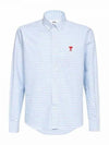 Small Heart Logo Gingham Button Long Sleeves Shirt Sky Blue - AMI - BALAAN 2