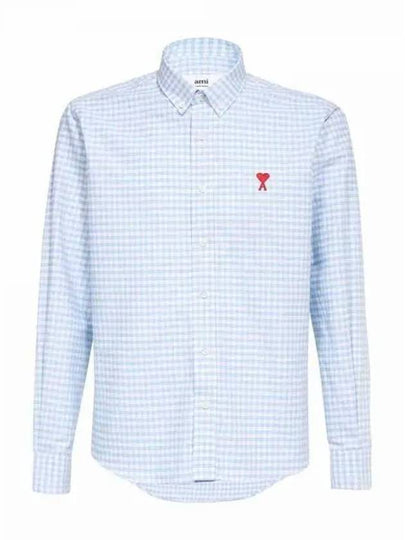 Small Heart Logo Gingham Button Long Sleeves Shirt Sky Blue - AMI - BALAAN 2