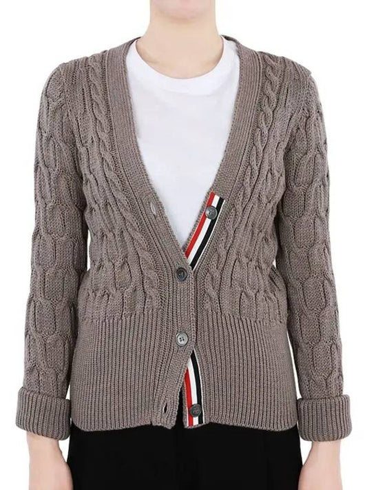 Merino Wool Crisscross Cable Stitch 3/4 Sleeve V-Neck Cardigan Medium Brown - THOM BROWNE - BALAAN 2