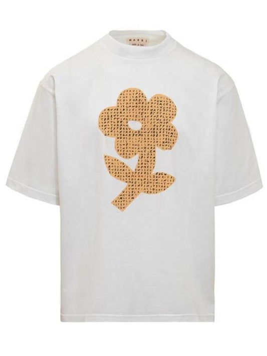 Flower Print Cotton Short Sleeve T-Shirt White - MARNI - BALAAN 1