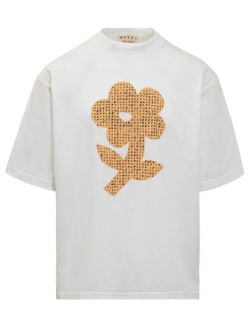 Flower Print Cotton Short Sleeve T-Shirt White - MARNI - BALAAN 1