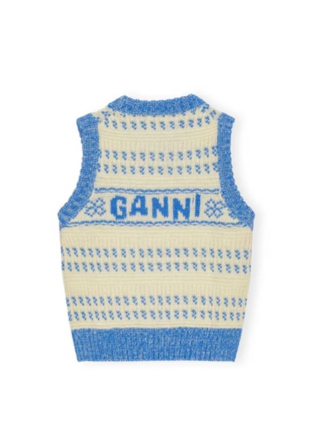 Graphic O-Neck Wool Gilet Vest Blue - GANNI - BALAAN 3