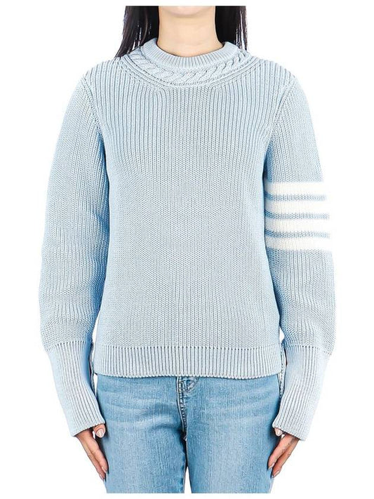 Women's 4 Bar Crew Neck Cotton Knit Top Light Blue - THOM BROWNE - BALAAN 2