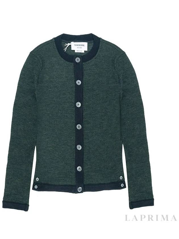 Wool Ribbed Contrast Trim Crewneck Cardigan Dark Green - THOM BROWNE - BALAAN 2