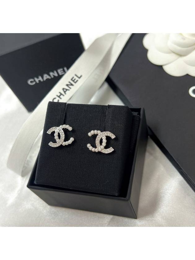 CC Logo Pearl Crystal Earrings Silver - CHANEL - BALAAN 3