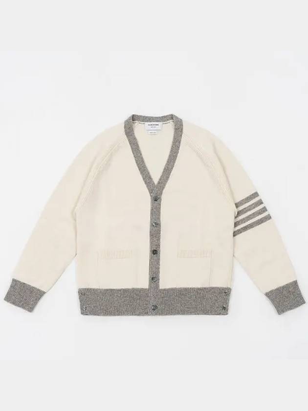 V-Neck 4-Bar Wool Cardigan White - THOM BROWNE - BALAAN 2