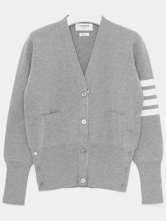 Milano Stitch 4 Bar Classic V Neck Fine Merino Wool Cardigan Grey - THOM BROWNE - BALAAN 2