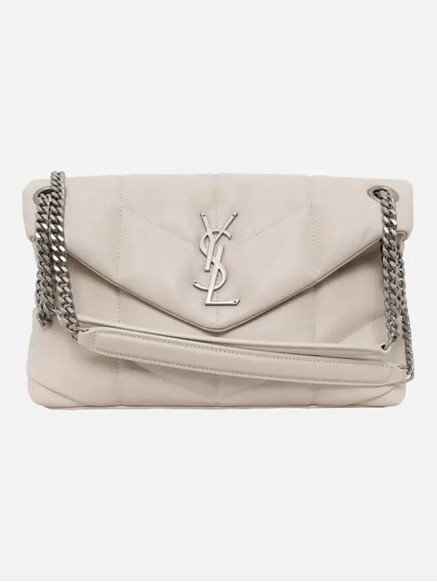 Lambskin Lulu Quilted Puffer Chain Small Shoulder Bag White Silver - SAINT LAURENT - BALAAN.