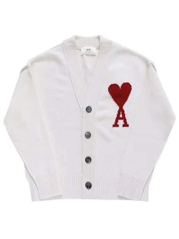 Heart Logo V Neck Wool Cardigan Off White - AMI - BALAAN 3