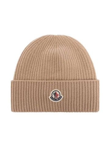 Logo Patch Wool Beanie Beige - MONCLER - BALAAN.