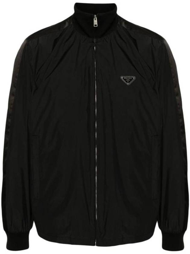 Logo Plaque Silk Blend Zip-Up Jacket Black - PRADA - BALAAN 2