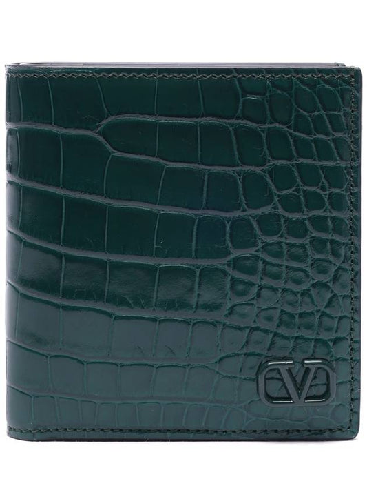 V Logo Crocodile Leather Bicycle Wallet Green - VALENTINO - BALAAN.