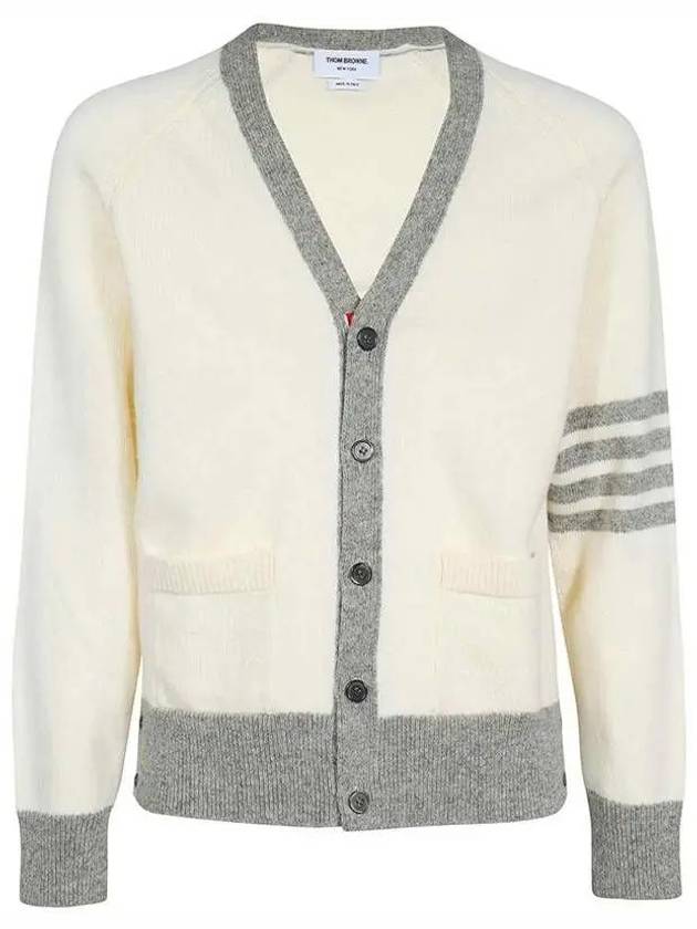 V-Neck 4-Bar Wool Cardigan White - THOM BROWNE - BALAAN 2