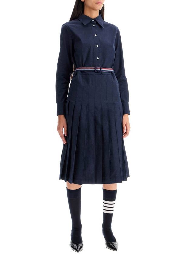 Stripe Flannel Pleated Bottom Belted Cotton Midi Dress Navy - THOM BROWNE - BALAAN 3