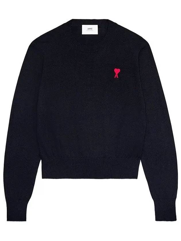 Heart Embroidered Logo Crew Neck Knit Top Navy - AMI - BALAAN 2