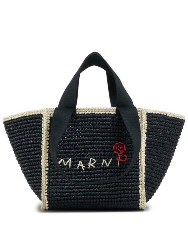 Embroidered Logo Woven Tote Bag Black - MARNI - BALAAN 1