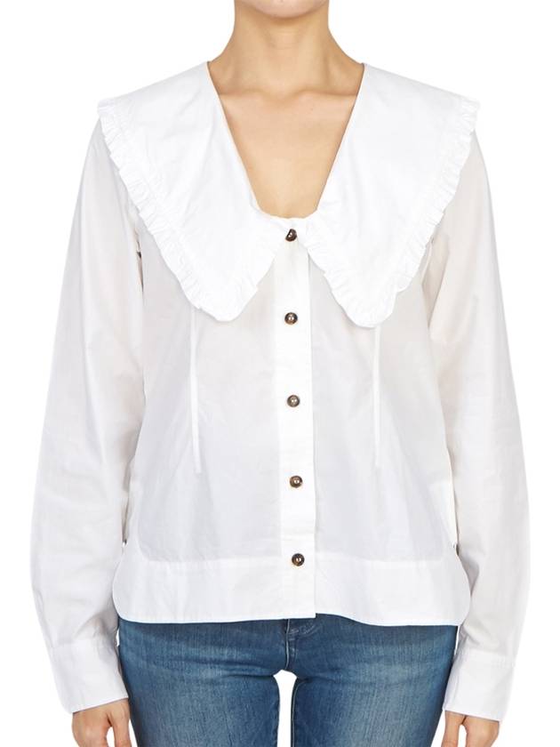 Women's Wide Collar Plunge Neck Cotton Shirt White - GANNI - BALAAN 4