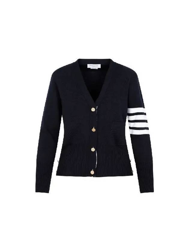 Milano Stitch 4 Bar Classic V Neck Fine Merino Wool Cardigan Navy - THOM BROWNE - BALAAN 2