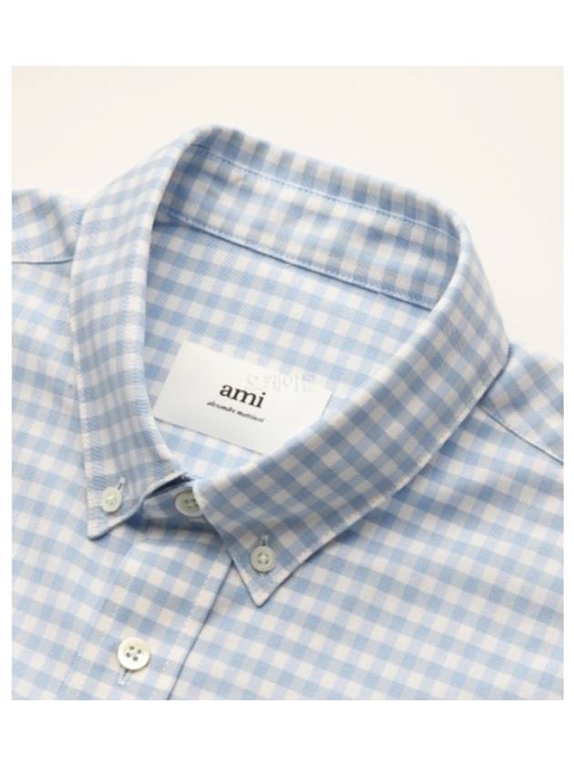 Small Heart Logo Gingham Button Long Sleeves Shirt Sky Blue - AMI - BALAAN 4