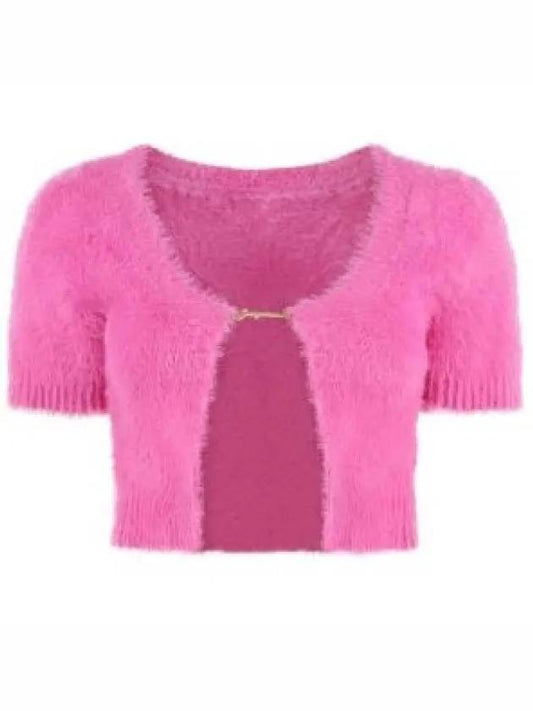 La Maile Neve Logo Charm Fluffy Crop Cardigan Pink - JACQUEMUS - BALAAN 2