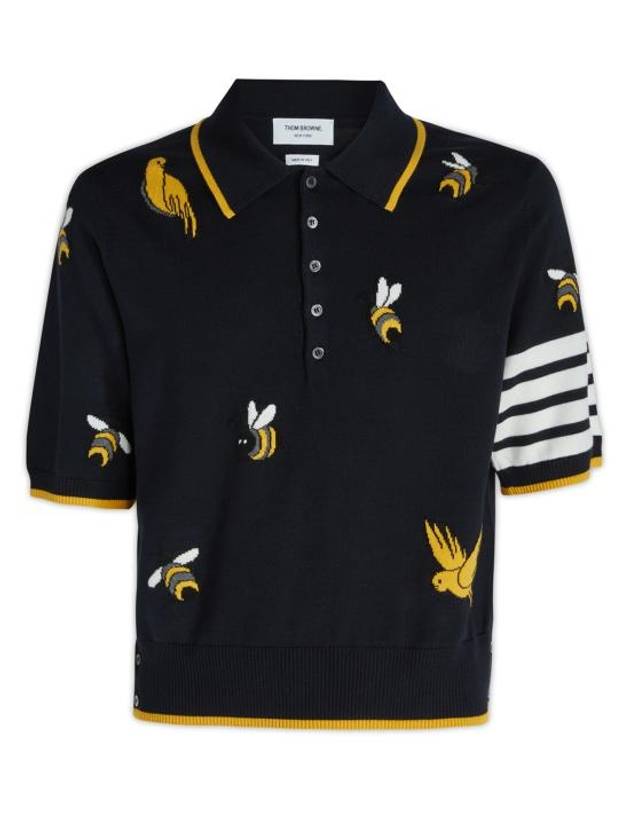 Men's Bird Bee Half Drop 4 Bar Merino Cotton Short Sleeve Polo Shirt Navy - THOM BROWNE - BALAAN 2