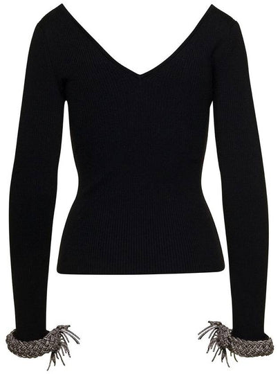 Black Top With V Neckline And Embellished Wrist In Wool Blend Woman - GIUSEPPE DI MORABITO - BALAAN 2