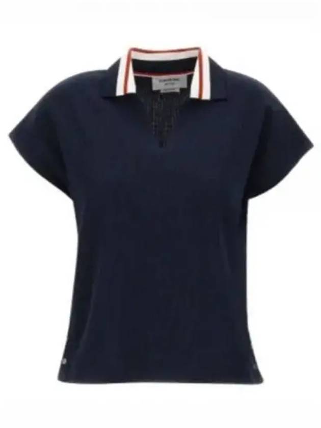 Women's Cricket Stripe Lightweight Cotton Short Sleeve Polo Shirt Navy - THOM BROWNE - BALAAN 2