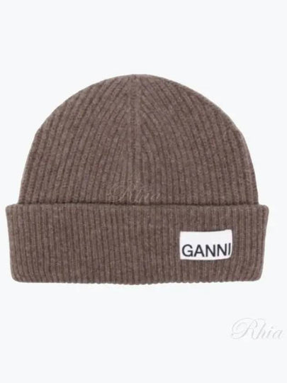 Logo Tag Ribbed Beanie Brown - GANNI - BALAAN 2