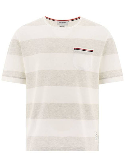 Men's Rugby Striped Pick Pocket Short Sleeve T-Shirt Pale Grey White - THOM BROWNE - BALAAN 2