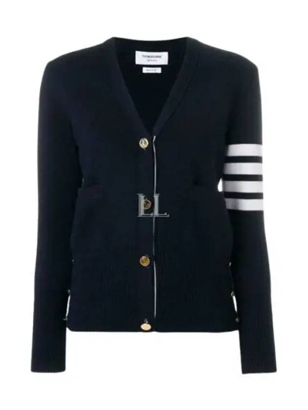 Milano Stitch 4 Bar Classic V Neck Fine Merino Wool Cardigan Navy - THOM BROWNE - BALAAN 2