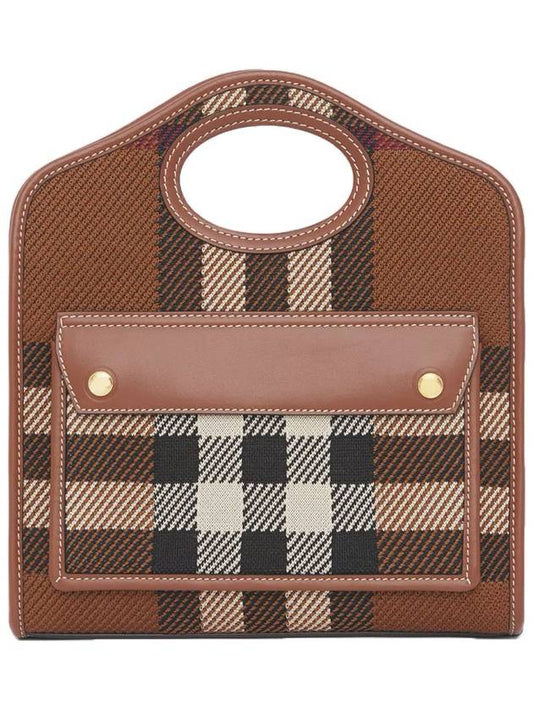 Mini Knit Check Leather Pocket Tote Bag Brown - BURBERRY - BALAAN 2