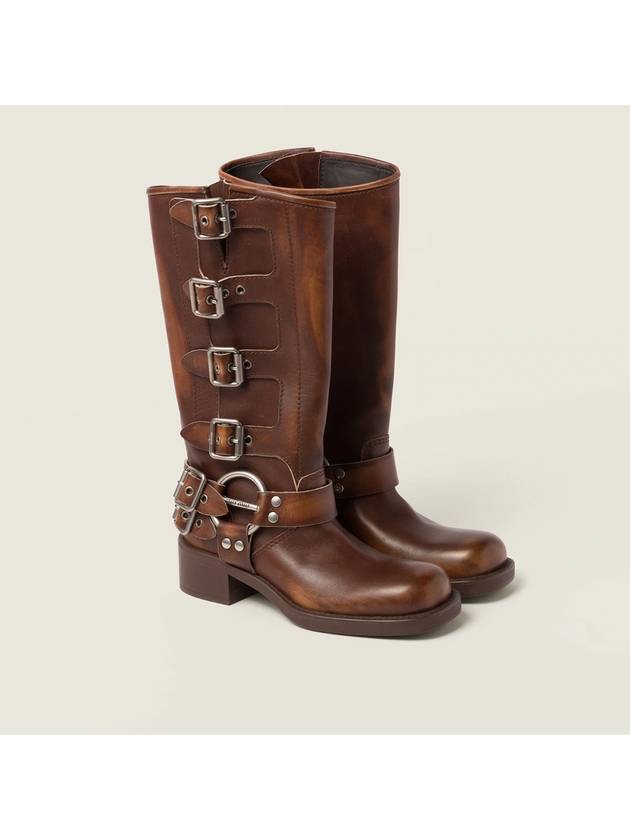 Buckle Detail Leather Long Boots Brown - MIU MIU - BALAAN 2