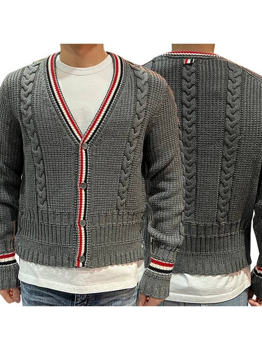 Cable Stripe Classic V-neck Merino Wool Cardigan Grey - THOM BROWNE - BALAAN.