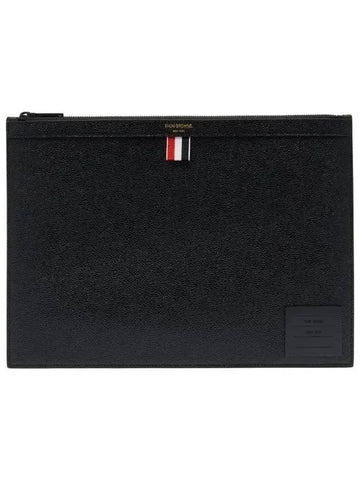 Pebble Grain Leather Diagonal Brass Label Medium Clutch Bag Black - THOM BROWNE - BALAAN 1