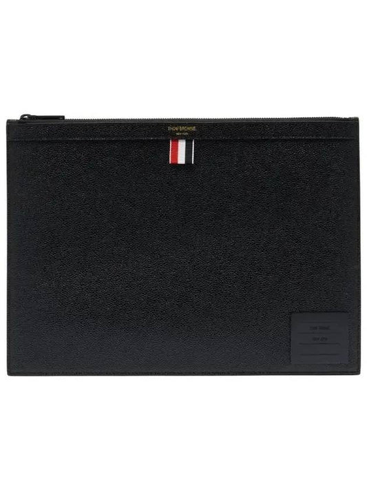 Pebble Grain Leather Diagonal Brass Label Medium Clutch Bag Black - THOM BROWNE - BALAAN 1