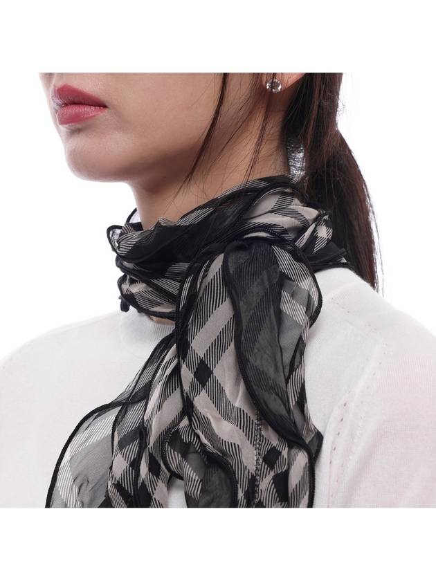 Check Ruffle Effect Silk Skinny Scarf Black - BURBERRY - BALAAN 5