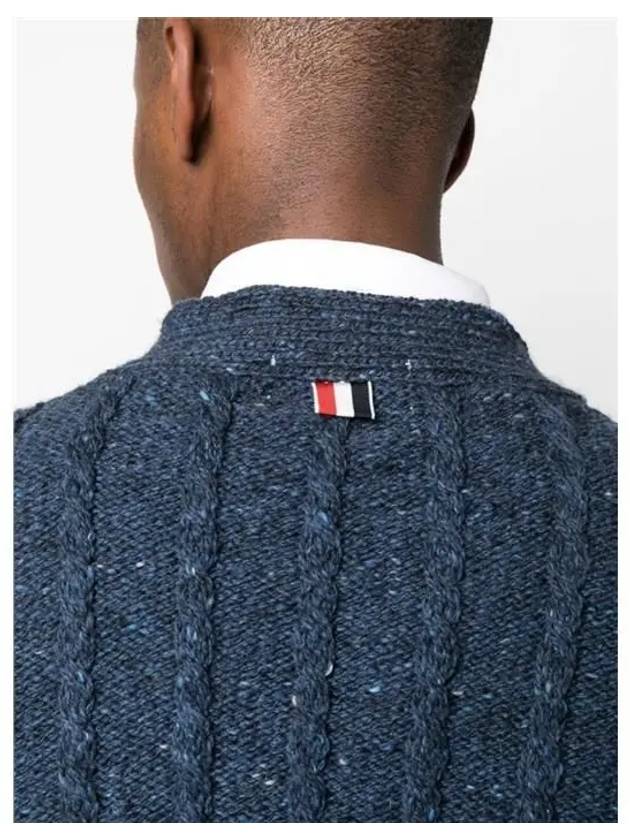 Donegal Twist Cable 4 Bar Classic V Neck Cardigan Blue - THOM BROWNE - BALAAN 6