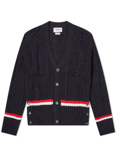 Men's Striped Aran Cable V-Neck Cardigan Navy - THOM BROWNE - BALAAN 2