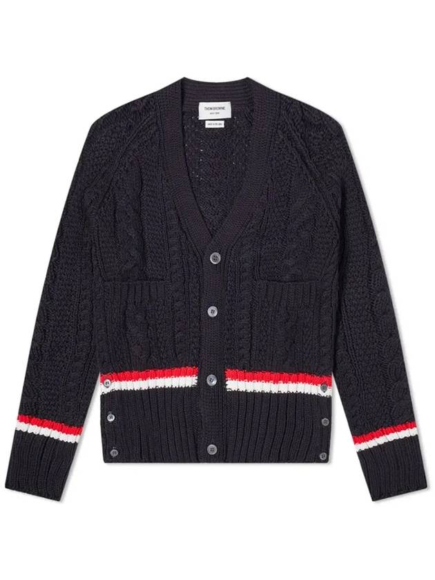 Men's Striped Aran Cable V-Neck Cardigan Navy - THOM BROWNE - BALAAN 3